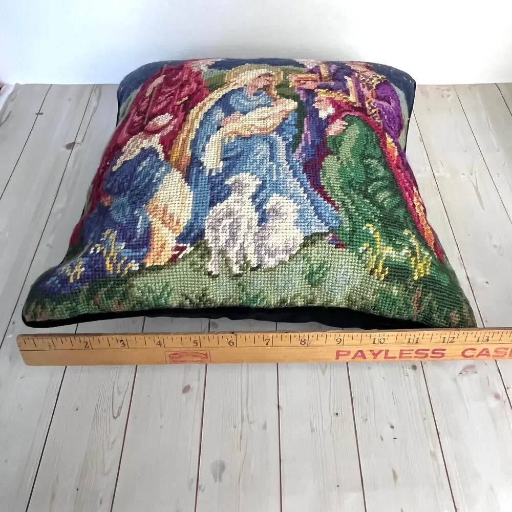 Vintage Nativity Scene Needlepoint Pillow Holy Family Wise Men Velvety Back